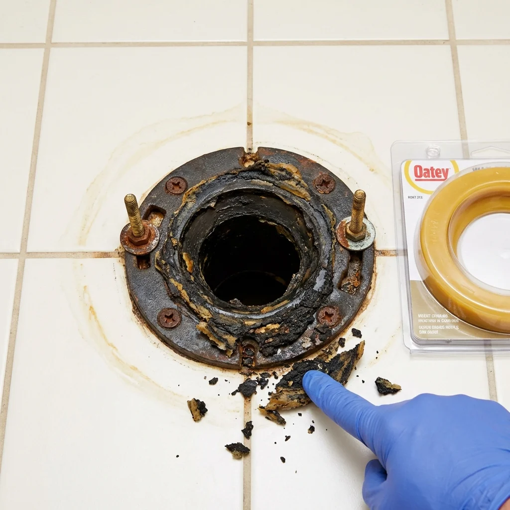 Failed wax ring showing water seepage at the base of a toilet in a Decatur, AL home